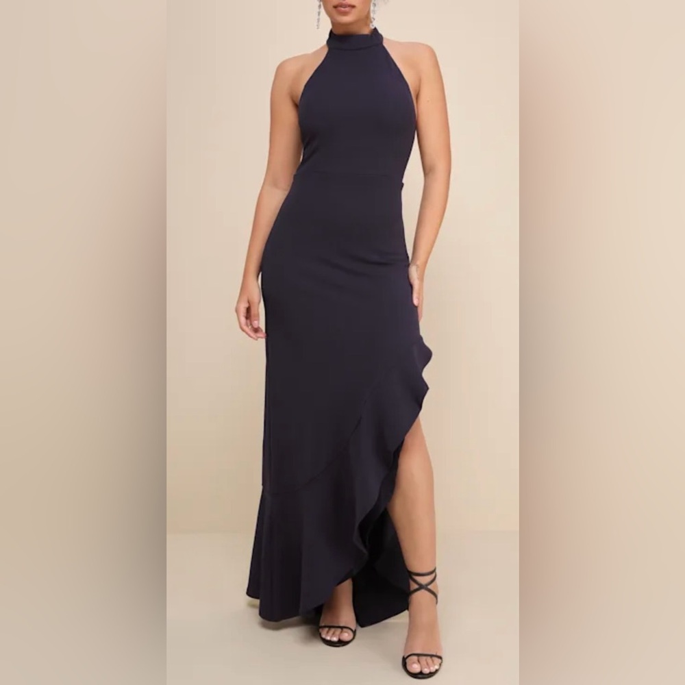 Lulus NWT “Majestic Perfection” Navy Blue Ruffled Halter Maxi Dress. Size Small. - Picture 15 of 16